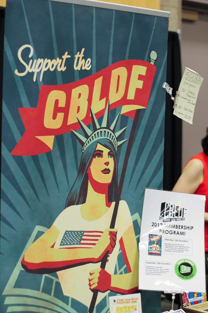 Flyer for the Comic Book Legal Defense Fund's San Diego Comic-Con Party For Freedom with sponsor logos.
