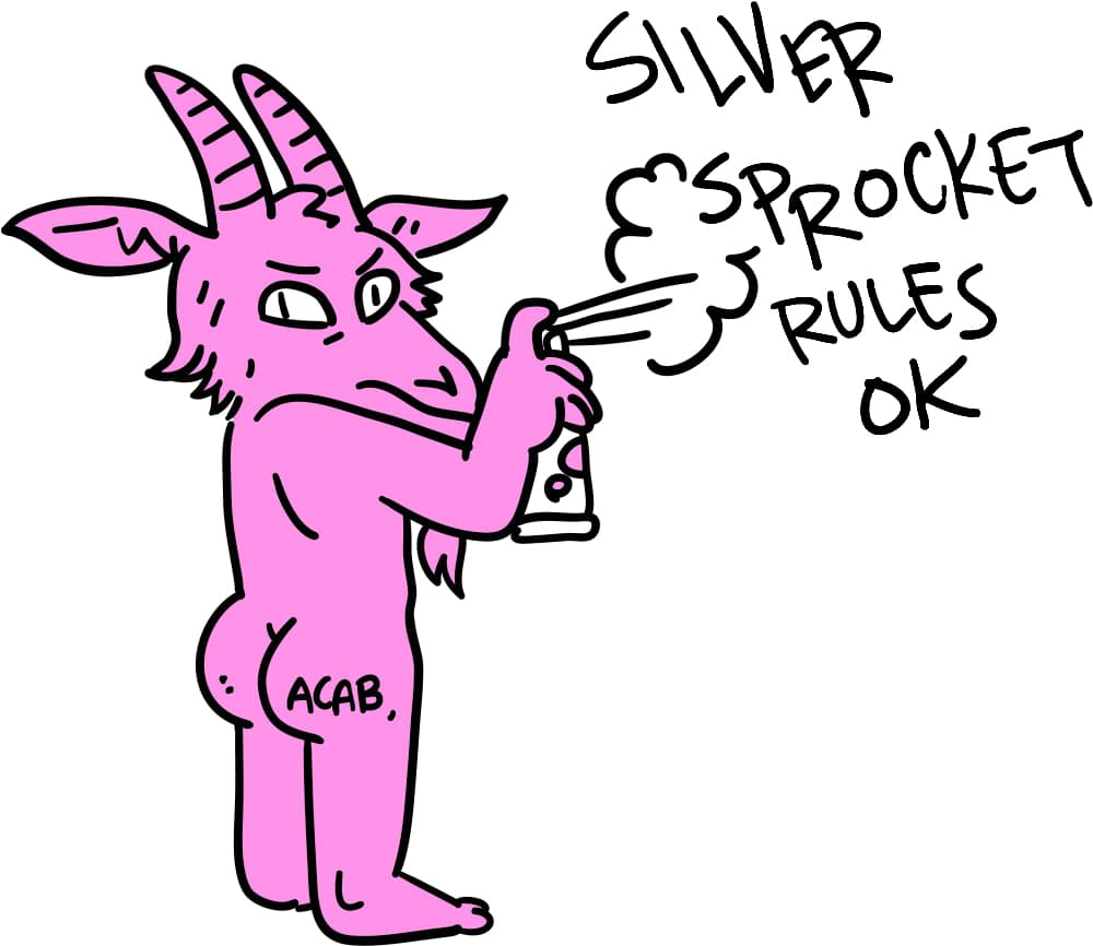 Illustrations of diverse independent comic characters surrounding the Silver Sprocket logo.